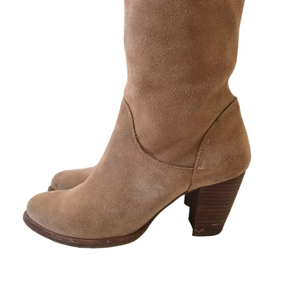UGG Ava Knee High Tall Suede Boots Womens 6.5 Brown Tan Block Heels Leather Zip - Picture 10 of 16